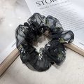 Elegant black mesh daisy hair scrunchie with white floral print on marble background - Black (13#)