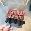 Three-piece hair scrunchie set in pink, leopard print, and black satin fabric - Pink Leopard Set (6#)