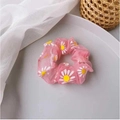 Pink daisy print hair scrunchie made of sheer organza fabric with floral patterns - Chrysanthemum Pink