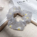 Grey organza scrunchie with white daisy embroidery and floral details for hair styling - Grey (14#)