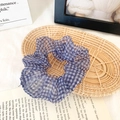 Elegant purple and navy blue checkered organza scrunchie with a pleated design - Gingham Navy