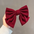 Elegant wine red velvet large bow hair clip with spring fastener for women's hairstyle - Red