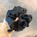 Oversized black organza scrunchie with white stitching for elegant ponytail hairstyles - Black