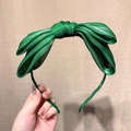 Elegant green double-layered mesh bow headband with glossy satin finish for women - Dark Green