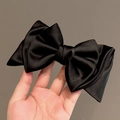 Classic large black satin bow hair claw clip with multi-layer elegant fabric design - 4# Black