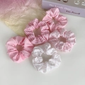 5-piece set of colorful polka dot and plaid cotton scrunchies on a minimalist background - Pink Polka Dot Gingham Series