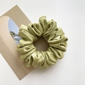 Glossy sage green satin scrunchie with high elasticity and oversized pleats - Fruit Green