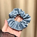 Morandi blue satin silk large scrunchie with glossy finish and elegant pleated design - Blue Gray