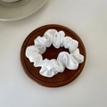 Elegant beige satin scrunchie with creamy texture on a dark wooden tray accessory - S / White
