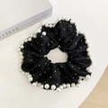 Elegant black mesh hair scrunchie with white pearls and sparkling silver rhinestones - Black