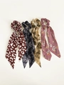 Set of four floral chiffon scrunchies with long ribbons in leopard and paisley patterns - Leopard Paisley Mix Style / Set 1