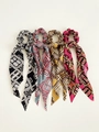 Set of four chiffon floral scrunchies with long ribbons in varied colorful patterns - Geometric Abstract Style / Set 2