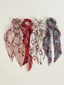 Set of four floral chiffon hair scrunchies with elegant equestrian chain print streamers - Horse Bit Chain Style / Set 4
