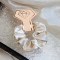Champagne satin hair scrunchie with premium gold diamond-patterned card holder - Champagne