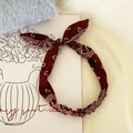 Elastic burgundy paisley headband with bunny ear knot and classic bohemian pattern - Burgundy