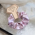 Elegant light purple satin scrunchie with metallic finish on decorative card head - Light Purple