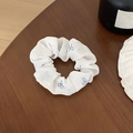 White floral scrunchie with blue bow patterns on a rustic wooden texture background - White with Blue Bow Pattern (1#)