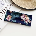 Navy blue elastic yoga headband with tropical hibiscus flowers and palm leaves design - Dark Blue Tropical Vacation Floral Style (33#)