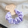 Elegant purple satin hair scrunchie with premium pearl luster on a gift display card - Purple