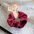 Deep red satin scrunchie with silk luster displayed on a premium diamond card holder - Burgundy