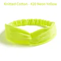 Neon yellow knitted cotton headband for women featuring a twisted cross design and elastic back - Fluorescent Yellow