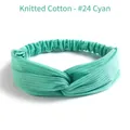 Elastic knitted cotton cross headband in #24 cyan with ribbed texture design - Cyan