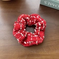 Red tweed scrunchie with gold threads for high ponytail styling on wooden surface - Red Tweed (1#)