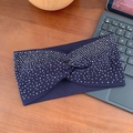 Navy blue knotted headband with silver rhinestones on ribbed knit fabric for women - Navy Blue