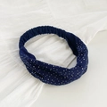 Elastic navy blue wide headband with shimmering rhinestones and cross-knot design - Navy Blue
