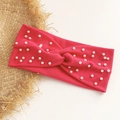 Fascia per capelli in maglia a coste rosa pesca con eleganti perle e design a nodo - Rosso anguria