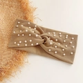Elegant camel knitted headband with faux pearl accents and a central knot design - 5# Khaki
