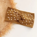 Ginger yellow knitted twist headband with elegant pearl accents for women - Caramel