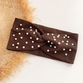 Dark brown ribbed knit twist headband decorated with elegant white faux pearls - Coffee