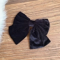 Handmade large black velvet bow hair clip with double-layer design on wood background - Black