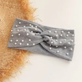 Grey ribbed knit crossover headband decorated with white pearls on a neutral background - 8# Light Grey
