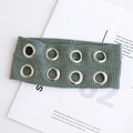 Retro sage green ribbed headband with punk style silver metal grommet eyelets - Green
