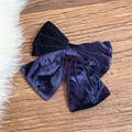 Deep blue velvet fabric bow hair clip with double layer texture on wood background - Navy Blue