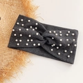 Dark grey knitted headband with white pearl accents and cross-knot elastic design - Deep Gray