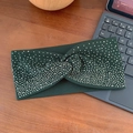 Dark green ribbed knit headband with sparkling rhinestones and center knot design - Green