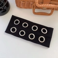 Punk style black knitted headband with eight silver metal eyelets and ribbed texture - Black