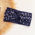Navy blue knitted headband with white pearl accents and cross knot design details - Navy Blue