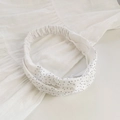 Elegant white elastic headband with silver rhinestones and textured cotton fabric - White