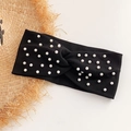 Elastic black knitted headband with white pearl accents and a twisted knot design - 12# Black