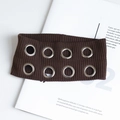 Elastic punk style brown knit headband with rows of large silver metal eyelets - Coffee