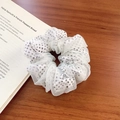 French style white mesh hair scrunchie with black polka dots on wooden table - White