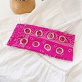 Rose pink paisley headband featuring silver metal eyelets on a stylish textured fabric - Paisley Rose Red