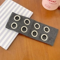 Dark grey ribbed knit headband featuring eight large silver metal eyelets in punk style - Dark Gray