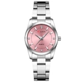 Elegant women's silver stainless steel watch with a pink dial and rhinestone markers - Pink