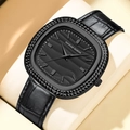 Reloj Hannah Martin cuadrado negro para hombre con esfera ondulada y correa de cuero - Estilo de Patrón de Olas Negro (1611HH)