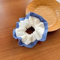 Blue polka dot and white lace scrunchie hair tie on a rustic wooden background - Blue Polka Dot Lace Patchwork
